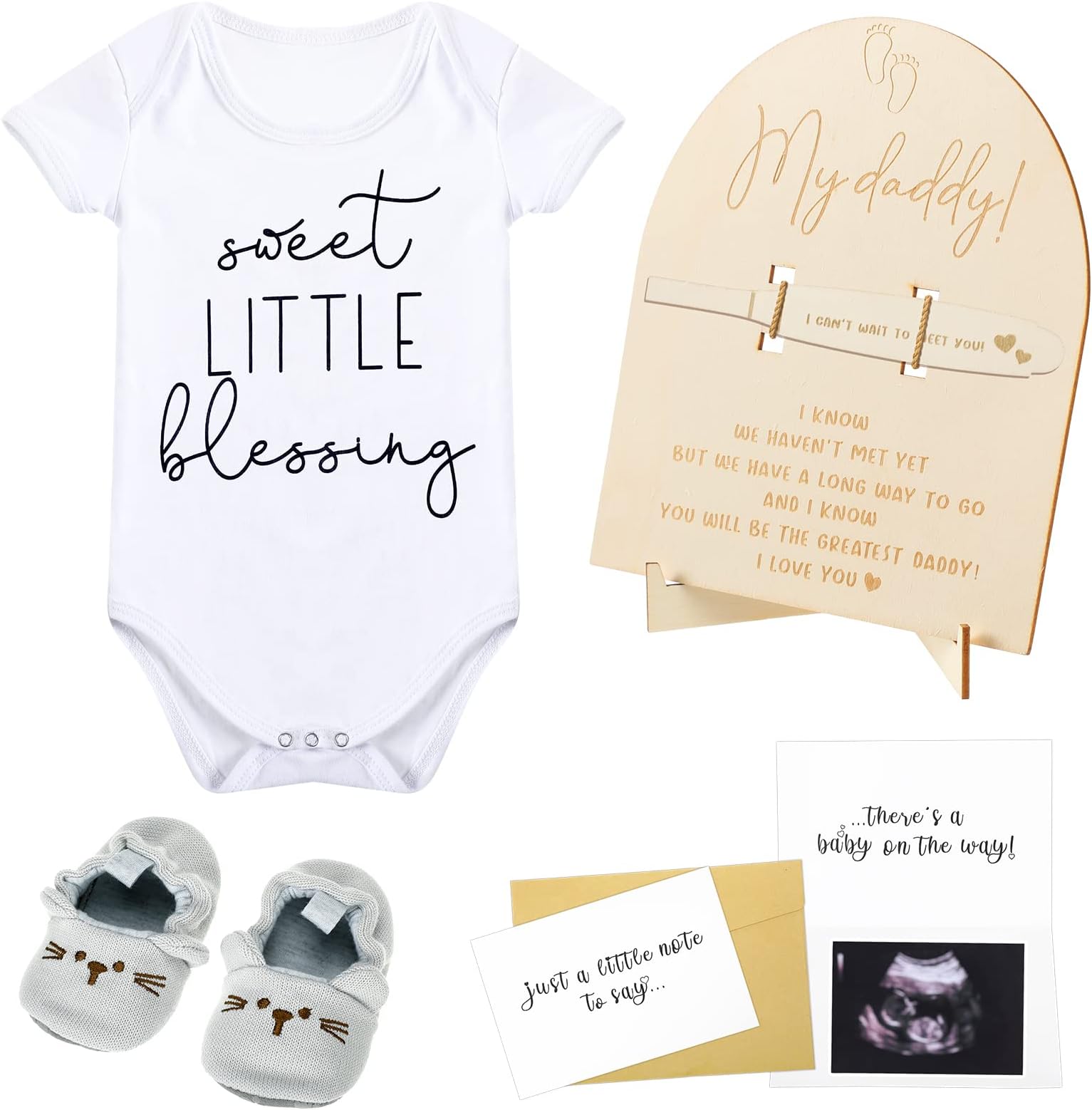 Berlune 6 Pcs Pregnancy Announcements for Dad Baby Bodysuit Infant Shoes Pregnancy Wooden Sign Reveal Card Envelope Surprise Baby Announcement Gifts Set for Husband Partner