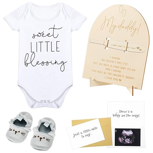 Berlune Juego de 6 anuncios de embarazo para papá, bebé, zapatos de bebé, letrero de madera para embarazo, tarjeta de revelación, sobre sorpresa,