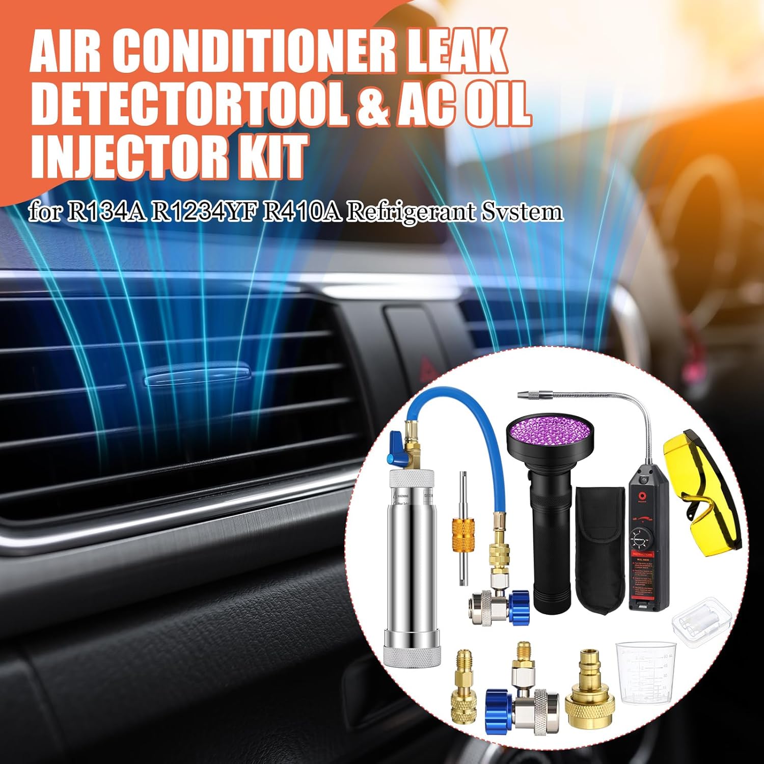 AC Leak Detector Kit, R1234yf R134a R410a AC Oil UV Dye Injector Kit Refrigerant Leak Detector Tool Low Side Quick Coupler Mini Split Adapter Glasses Flashlight(Efficient)