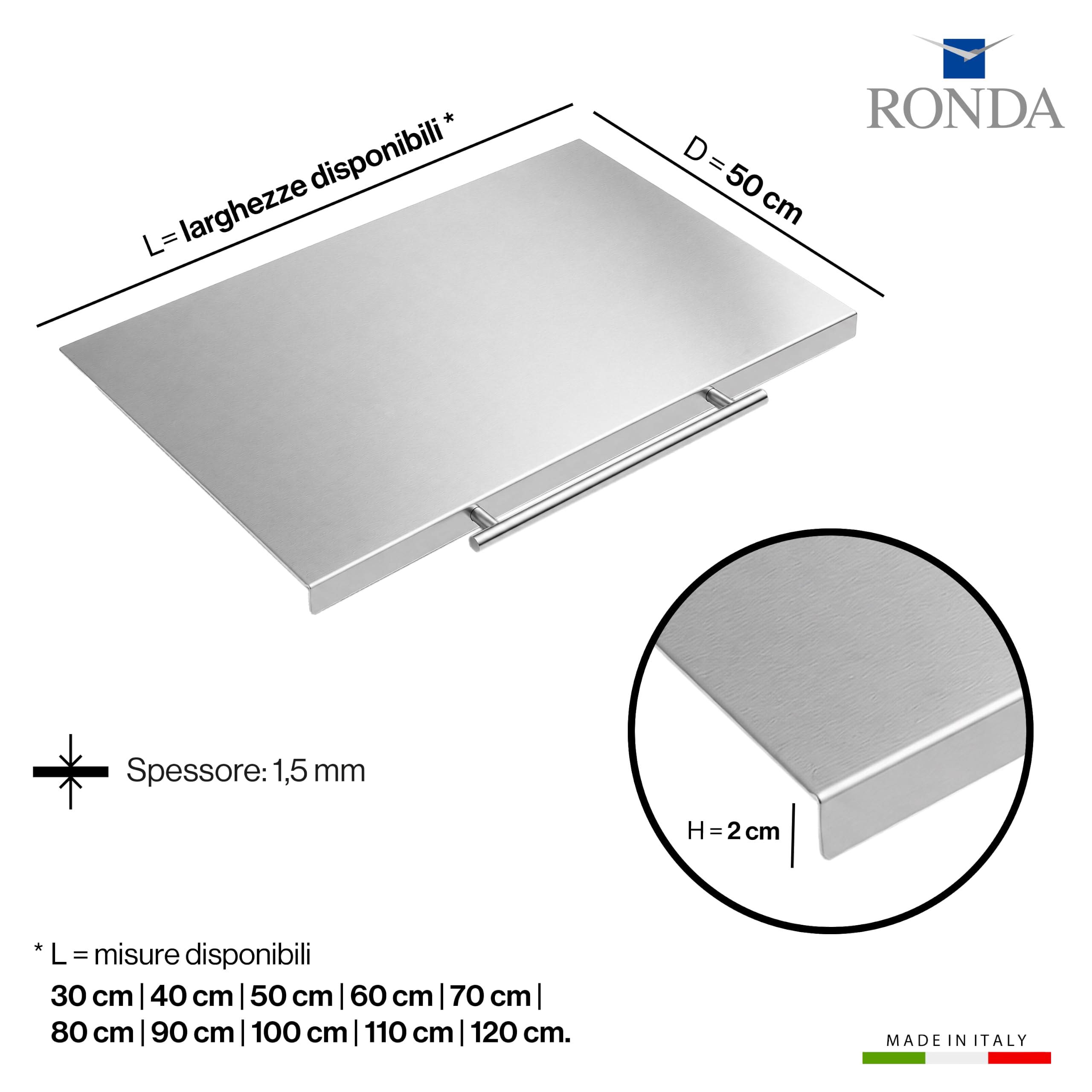 RONDA Tagliere Spianatoia Acciaio Inox 60x50 cm con Maniglia | Piano da Lavoro Alimentare Professionale, Antibatterico e Antiscivolo con Piega 2 cm per Impastare Pizza, Pane e Pasta
