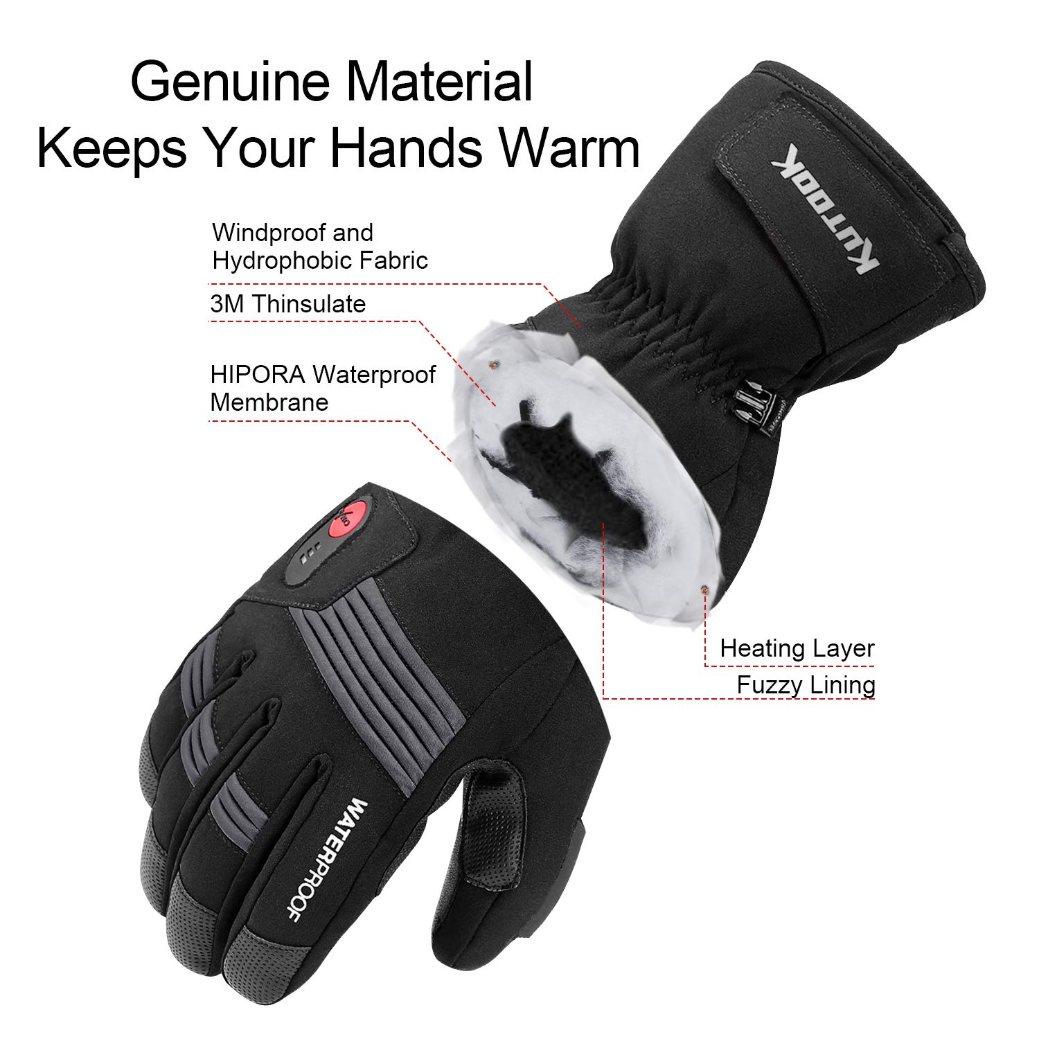 KUTOOK Beheizbare Handschuhe Wasserdicht Motorradhandschuhe Winter Skihandschuhe Schwarz 2.5-5 Stunden