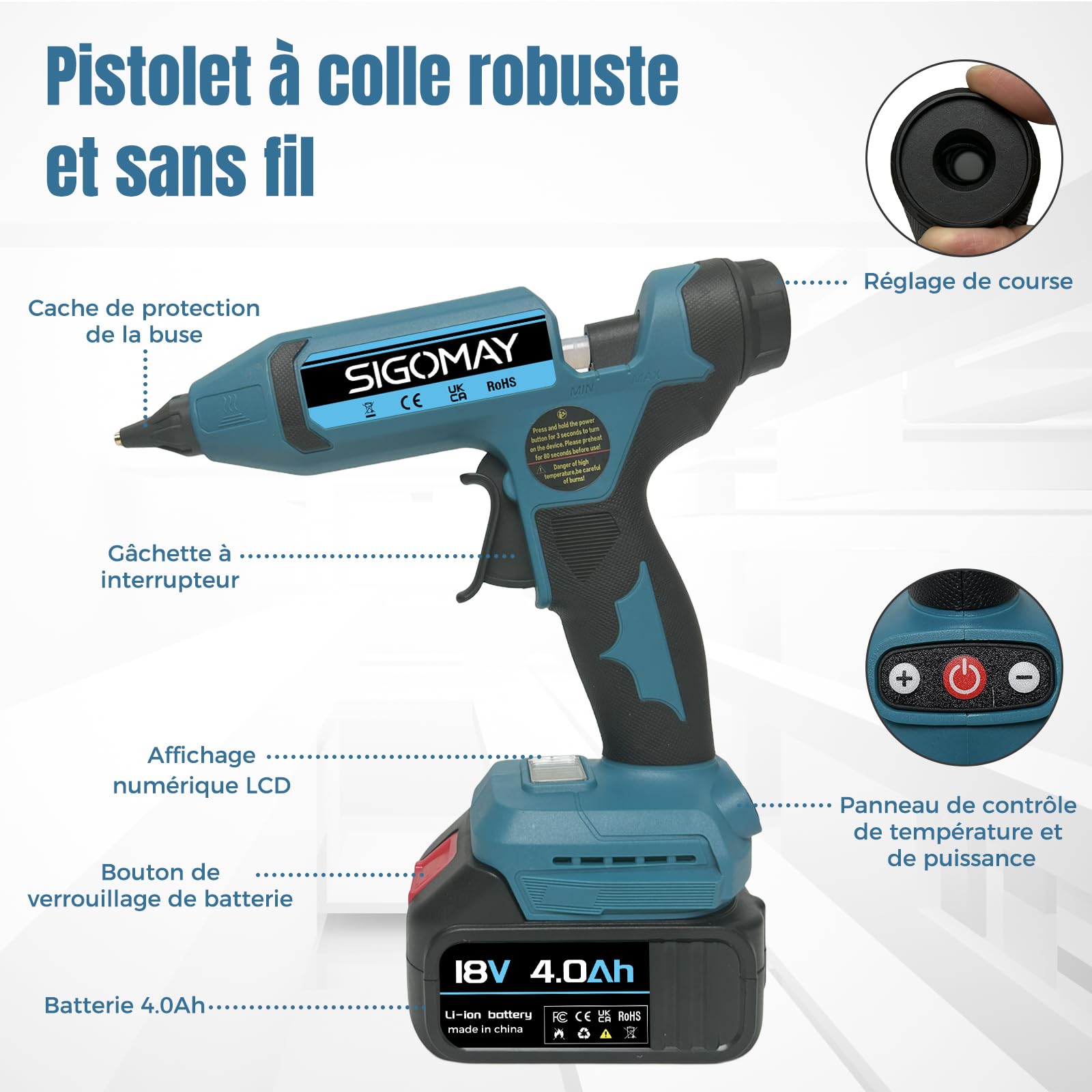 Pistolet à Colle Chaude Sans Fil 110W, Kit avec 2x 4.0Ah Batteries, Écran LCD Affichage Température & Batterie, Fonction Mémoire, 100-200°C Réglable, Compatible avec Batterie Makita 18V
