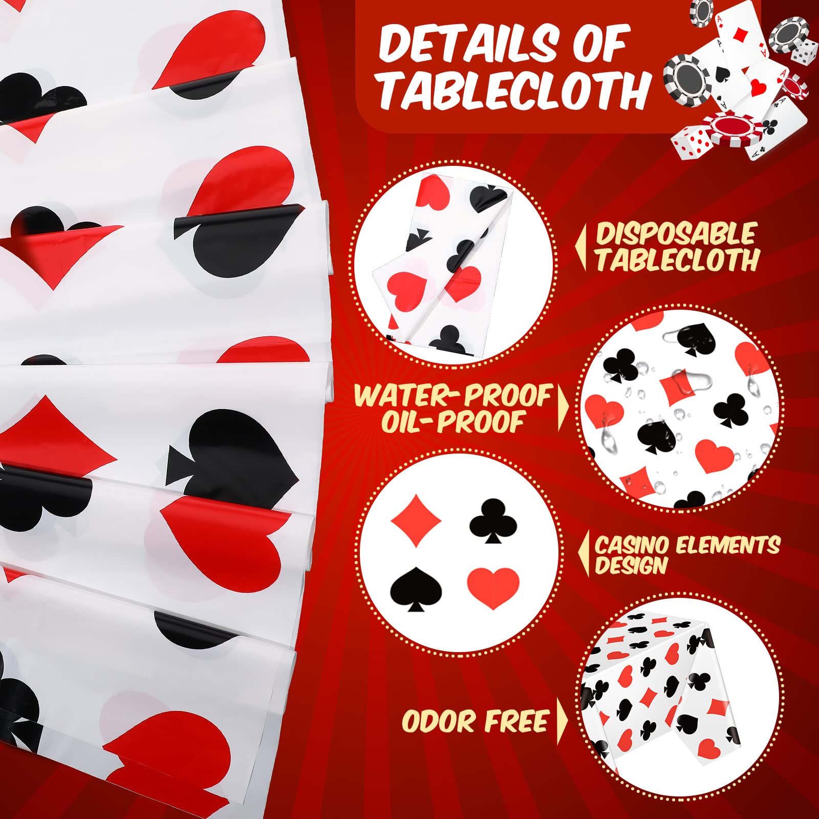 Tatuo Casino Party Decor - 3-Pack Plastic Poker Tablecloths, 51x108 Inches, Red & Black Design For Vegas Theme