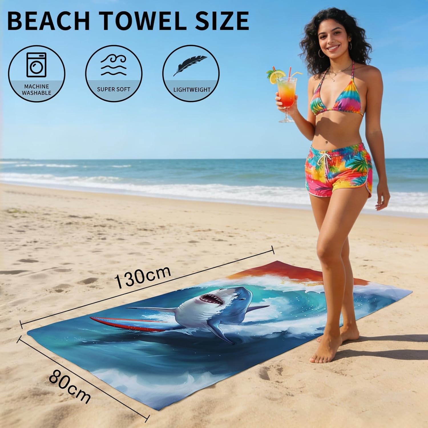 Microfiber Shark Beach Towel, Funny Shark Surfing with Surfboard Bath Towels for Kids Boys Girls, Quick Dry Sand-Free Ocean Animal Blue Wave Swim/Pool/Travel Towels, Oversized 32x52