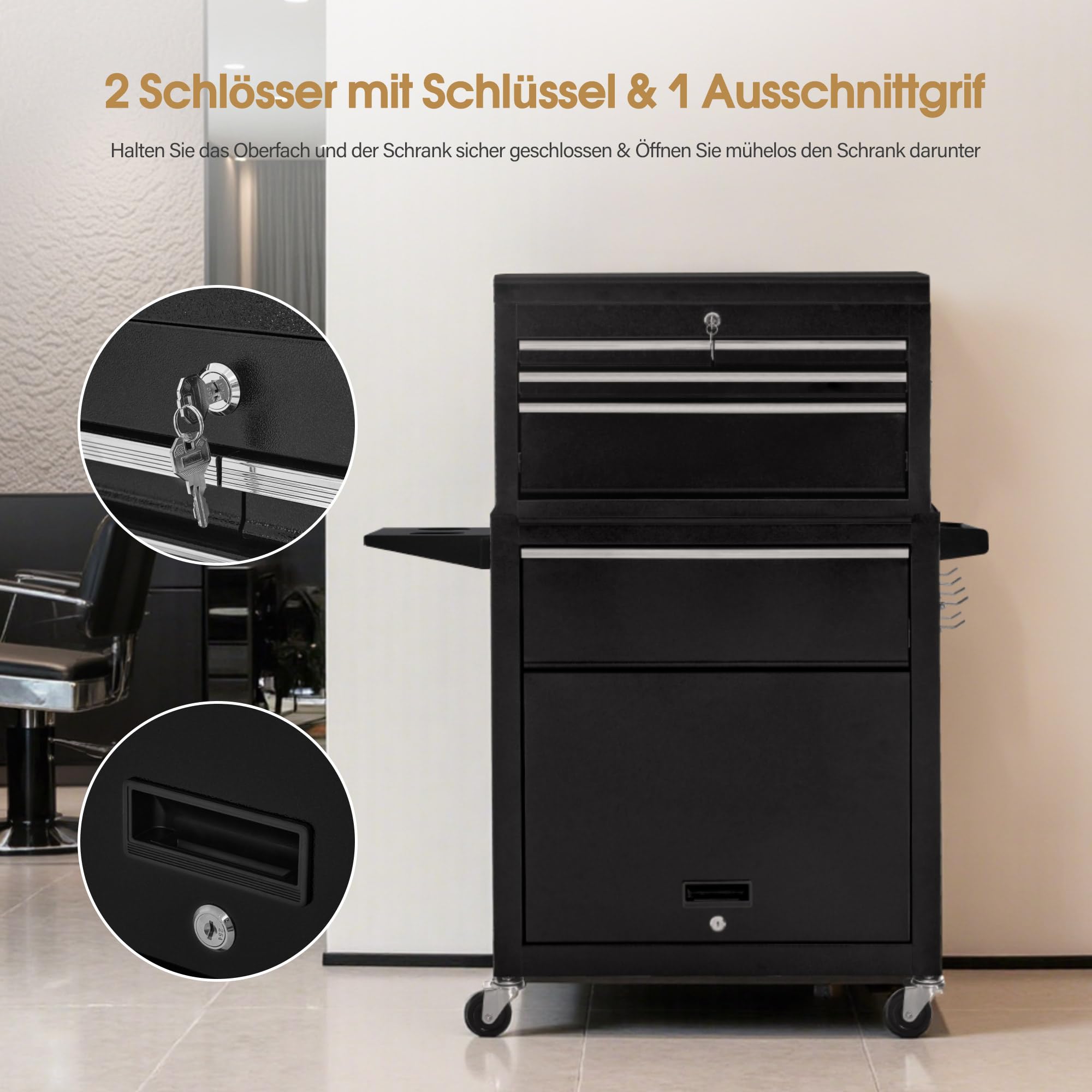 BarberPub 2 in 1 Friseurwagen mit 5 Schubladen & Schrank, abschließbar, Metall, Schwarz-Silber