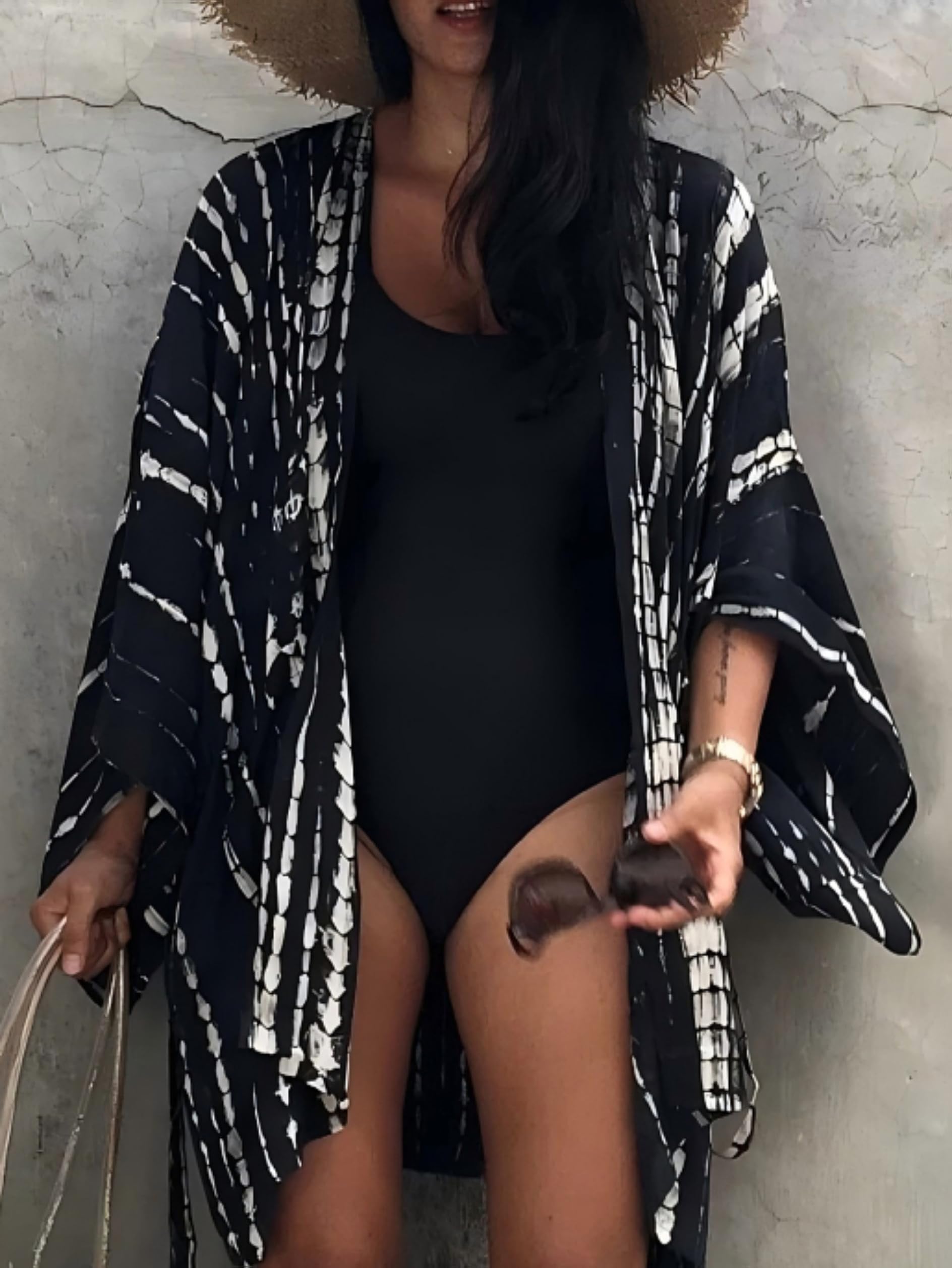 Cárdigan corto de kimono de manga larga para mujer, con cinturón, blusa de playa, blazer monocolor, estampado de leopardo, manga ancha