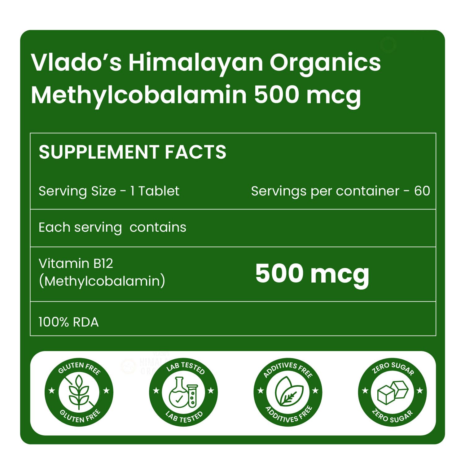 Vlado's Himalayan Organics Vitamin B12 Supplements 500 mcg - Methylcobalamin B12 Vitamin Tablets for Men & Women - 60 Veg Tablets — Amazon image 2