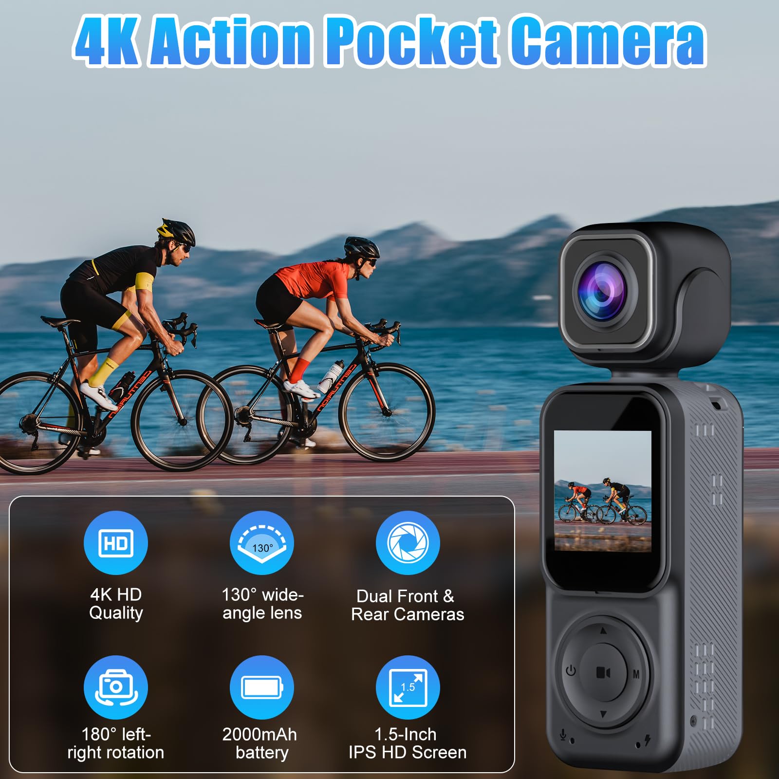 OBEST 4K Vlog Camera, Front and Rear Dual Cameras, Action Camera with 180 Degree Swivel Lens and Night Vision, Travel Camera, Sports Camera Riding, Skiing and Cycling - 2