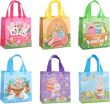 Falinpitos Easter Gift Bags For Goodies, Easter Treat Bags with Handles, Easter Egg Hunt Bags, Large Mini Easter Baskets Bulk for Kids Teenagers, Easter Party Tote Bags Medium Size Empty6PCS