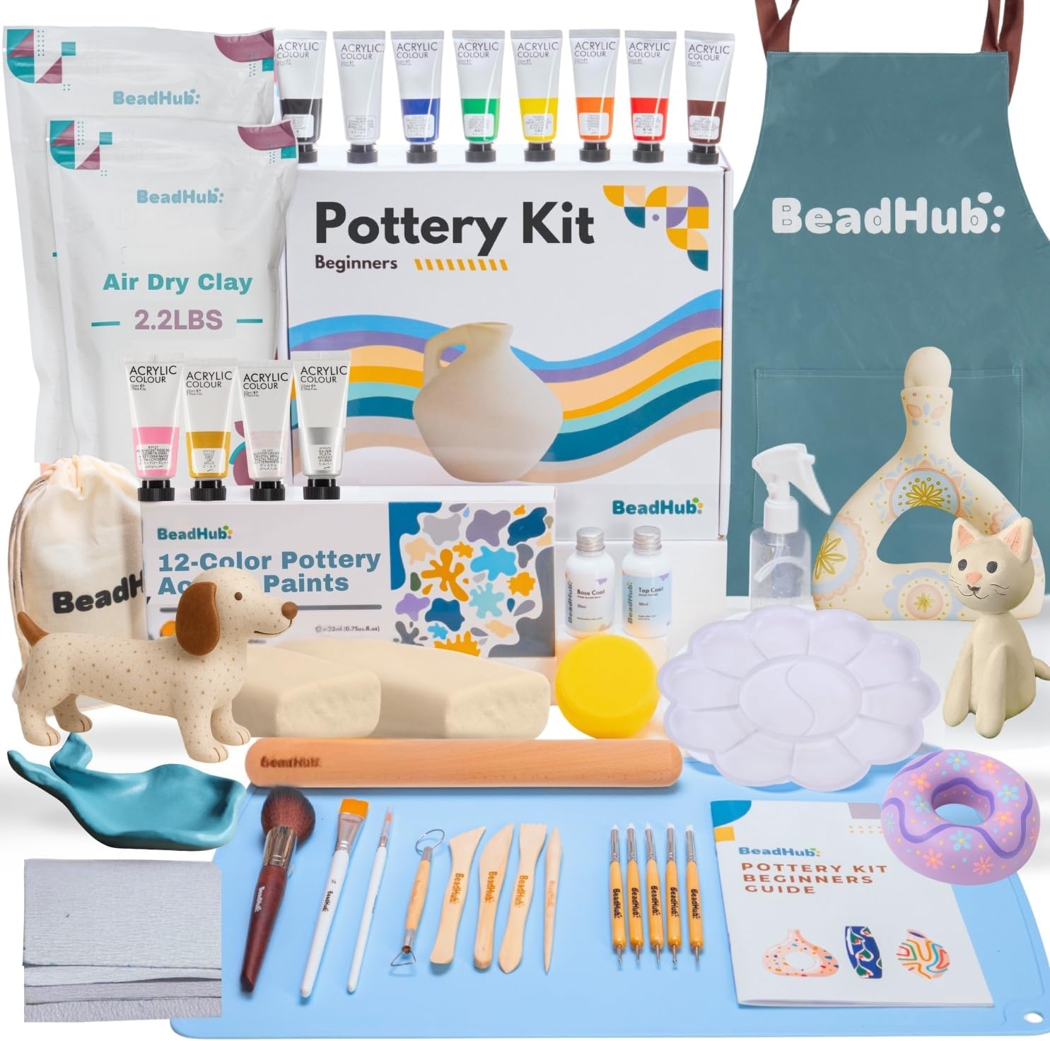 Air Dry Clay Pottery Kit for Adults Beginner, Starter Kit with 4.4Lbs Air-Dry Modeling Clay, Sculpting Tools, Paint & Glaze, Molding, Sculpt & Painting Set Hobby DIY Art Craft Kits (Gray Beige)