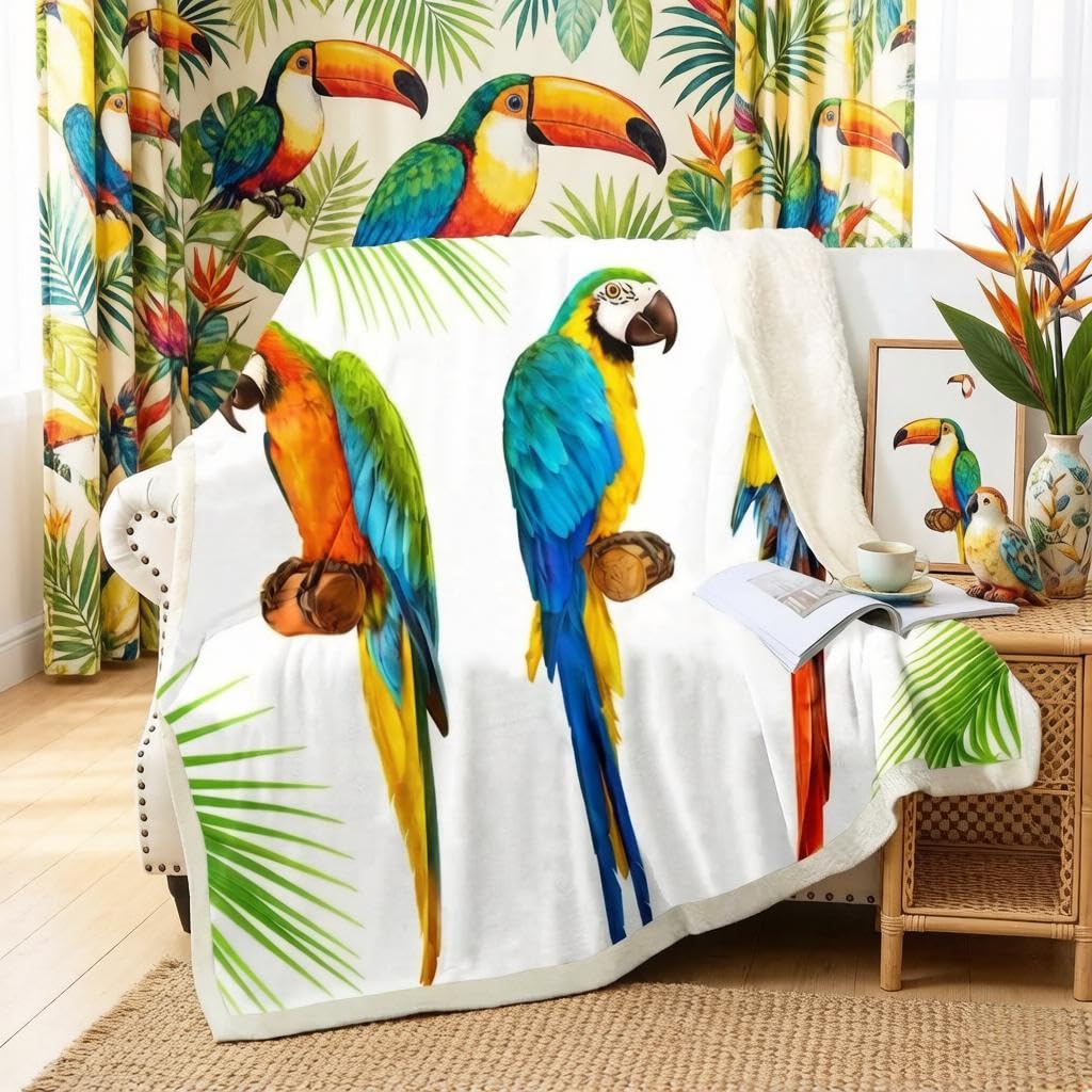 Loussiesd Parrot Print Fleece Blanket Tropical Bird Theme Sherpa Blanket for Chair Sofa Couch Palm Leaf Fuzzy Blanket Bright Colorful Animal Plush Throw Blanket Room Decor Baby 30"x40" — image 1