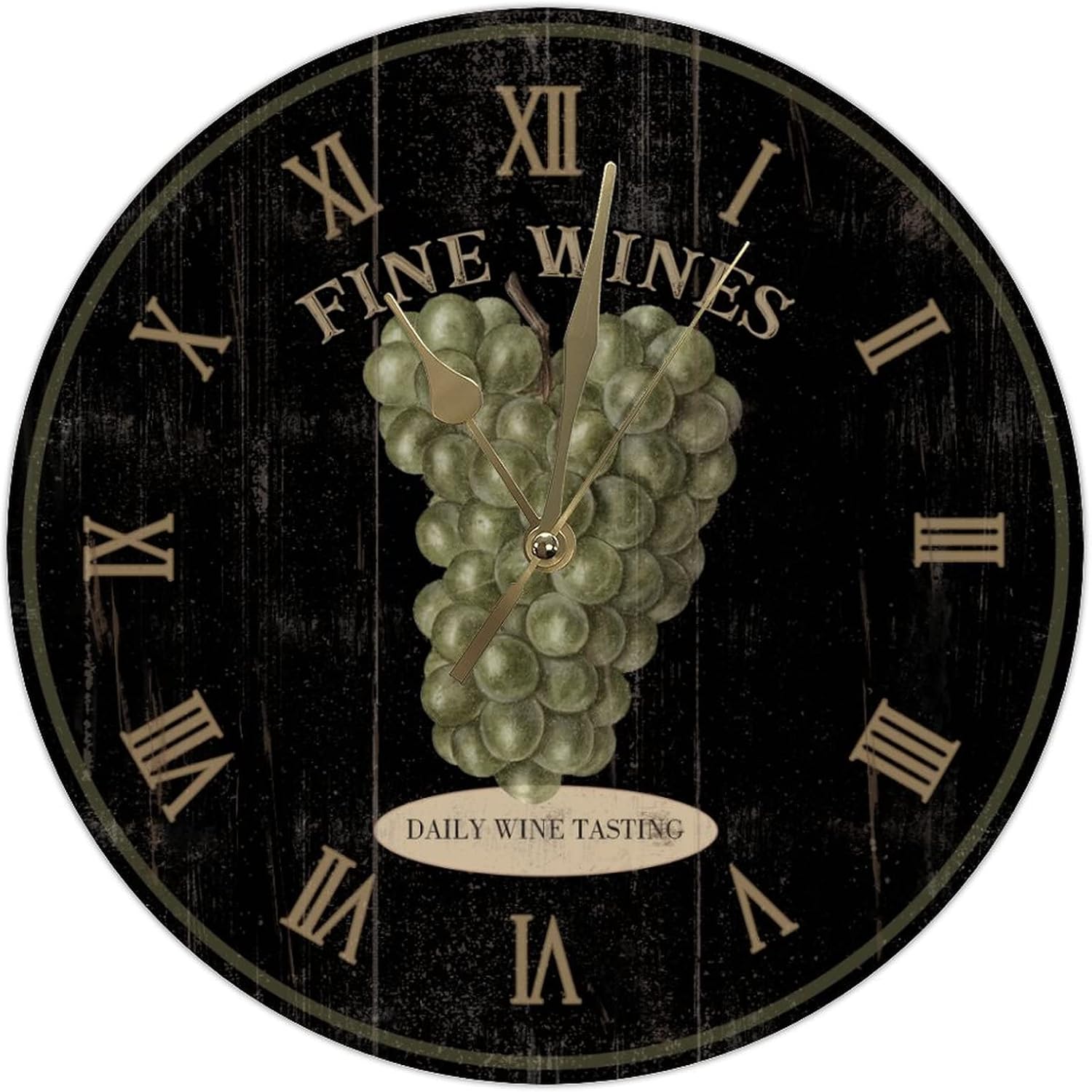 Fine Wines Black Wood Wall Clock 12Inch Round Clocks French Wine Grape Wood Wall Clocks Non Ticking Operated Wall Clocks Vintage Farmhouse for Kitchen Bedroom Office Birthday Housewarming Gift