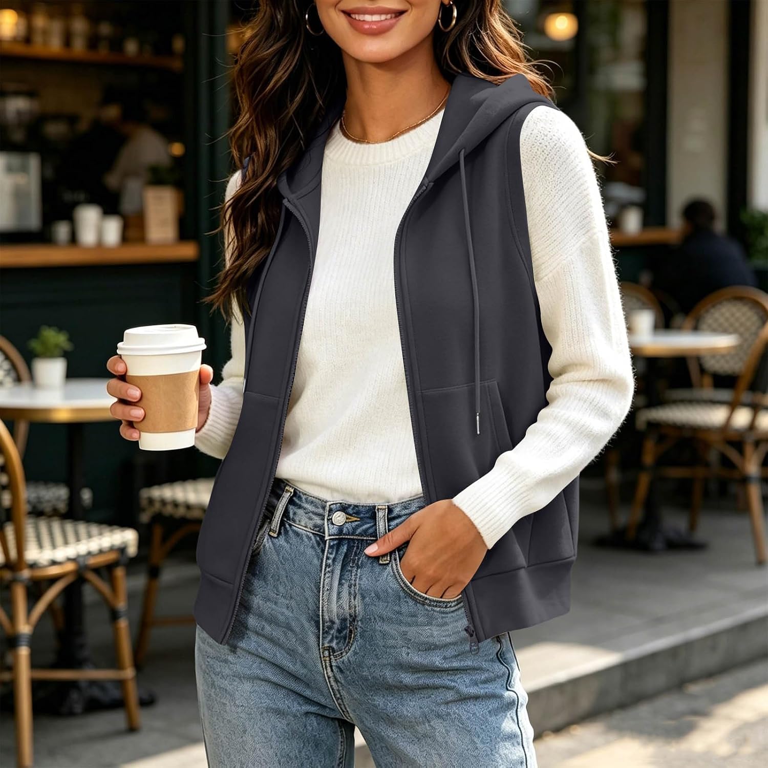 Women's Hooded Sweatshirt Vest Zip Up Loose Fit Drawstring Outerwear Comfy Fall Winter Fashion Casual Layering Tops