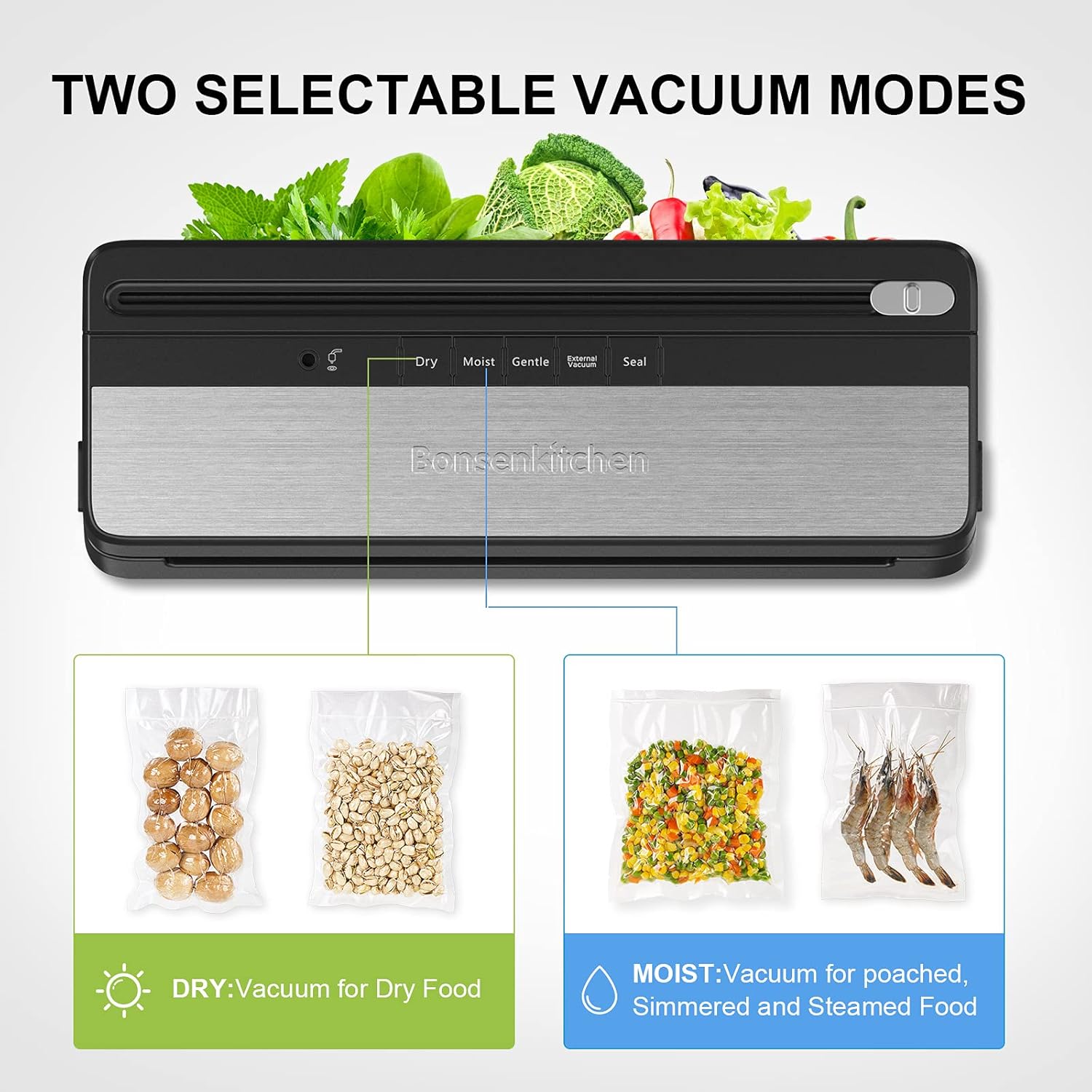 Bonsenkitchen Food Vacuum Sealer Machine with Dry and Moist mode indicators