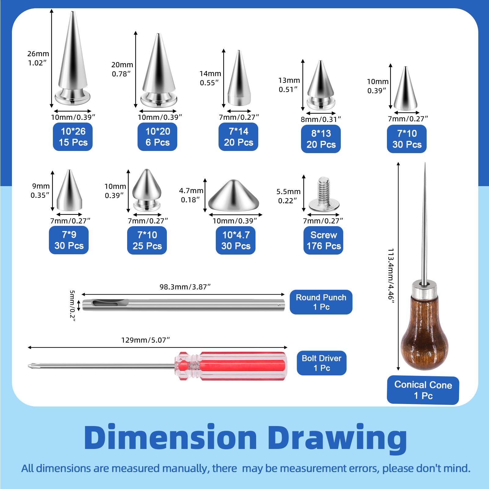 Glarks 355pcs Silver Punk Spikes and Studs Kit, 7 Sizes Zinc Alloy Cone Spike and Stud Rivet - Image 2