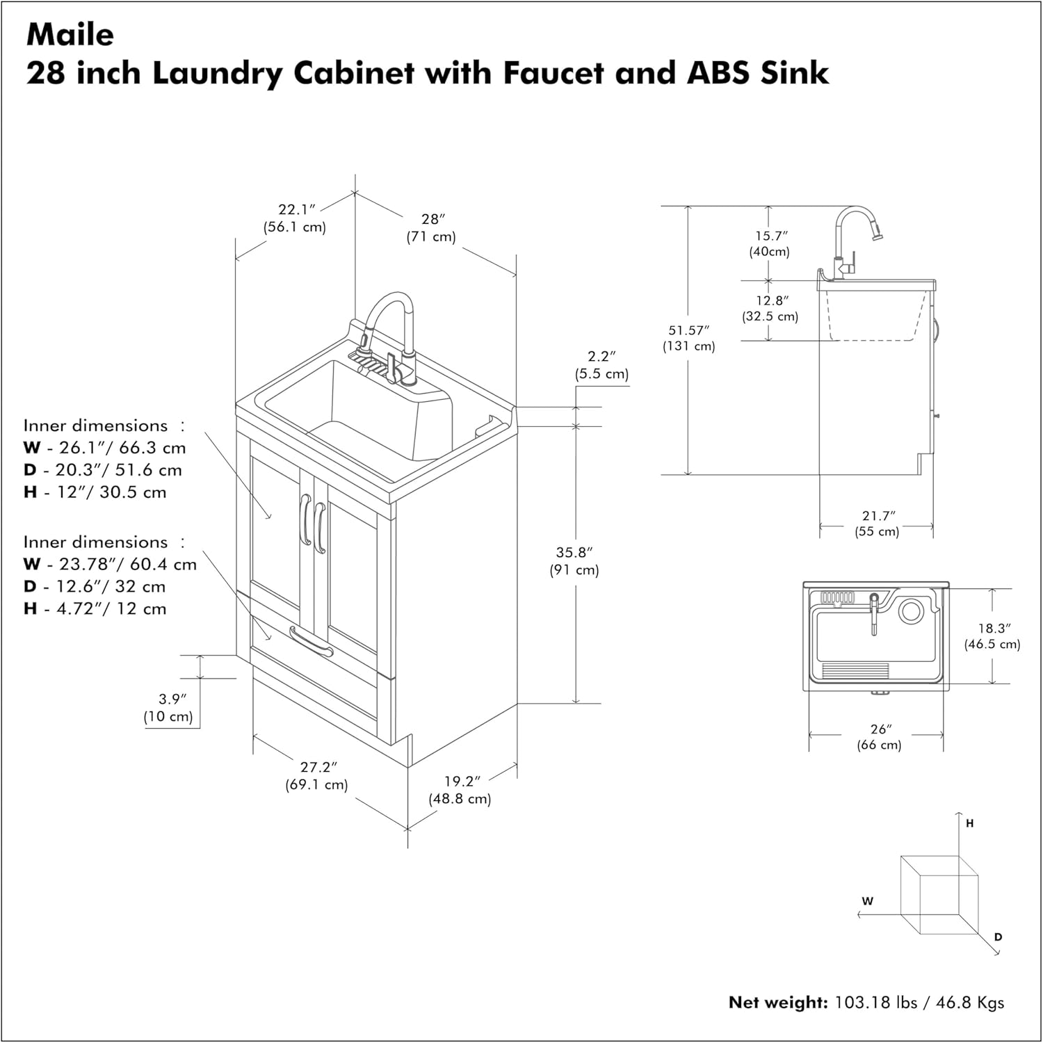 Detailed dimensions diagram for SIMPLIHOME Maile 28-inch Utility Sink and Laundry Cabinet