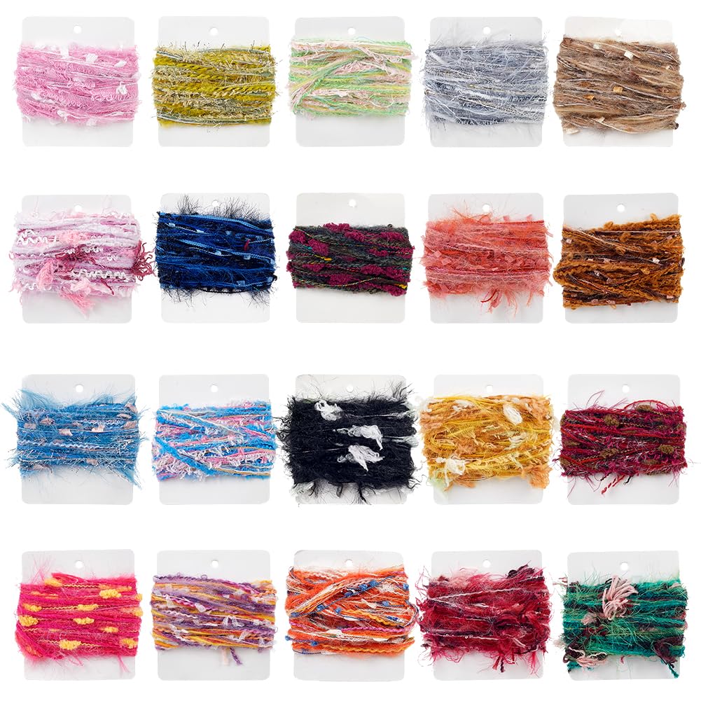 AHANDMAKER 20 Pcs of 3.28 Yards Hand Spun Art Yarns, Multicolor Soft Polyester Ribbon Textured Yarns Vintage Handmade Textile for Knitting Crocheting Tassels Jewelry Making DIY Crafts Home Decor