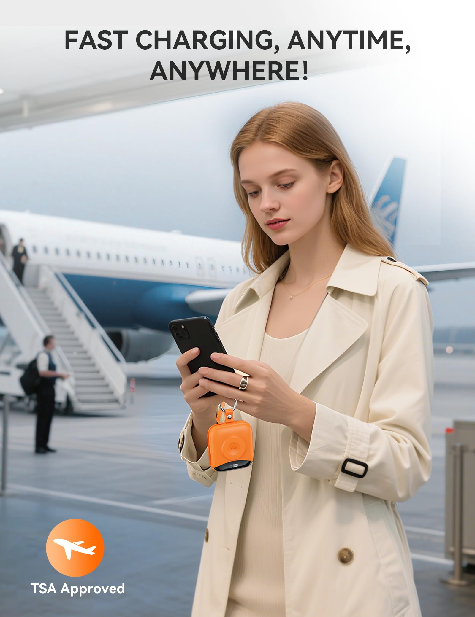 Chargeur portable 10 000 mAh 22,5 W avec câbles intégrés, porte-clés avec écran LED pour Apple Watch Ultra 2/9/8/Ultra/7/6/SE, iPhone 16/15/14/13/12 Orange