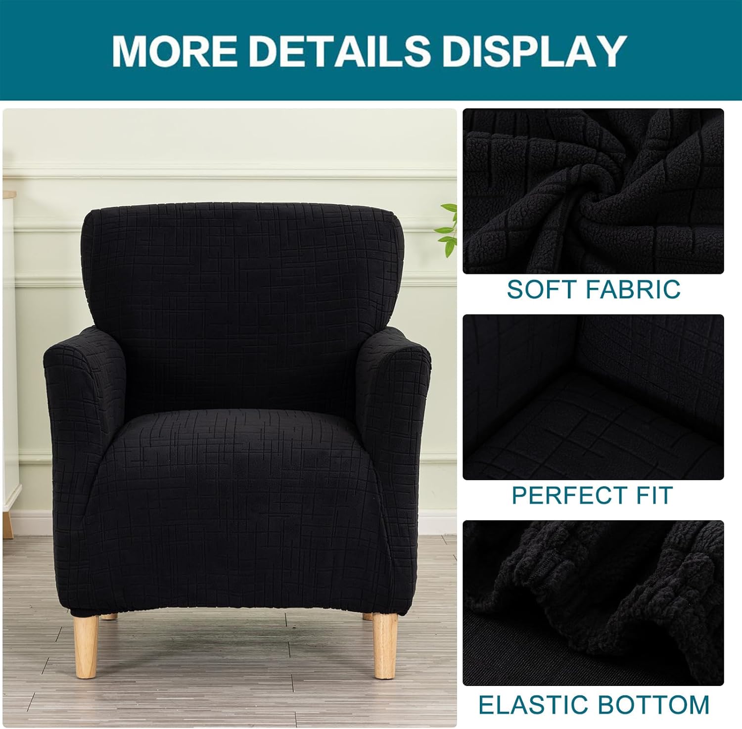 KRFOONN Stretch Chair Covers with Arms Jacquard 1-Piece Mid Century Modern Armchair Slipcover Soft Banquet Armchair Sofa Covers Chair Slipcovers Furniture Protector for Living Room, Black