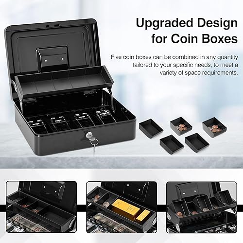 Miniatura 5 de Caja de efectivo con cerradura y 2 llaves, caja de dinero de metal con bandeja para efectivo, cajas de efectivo grandes con bloqueo, caja de