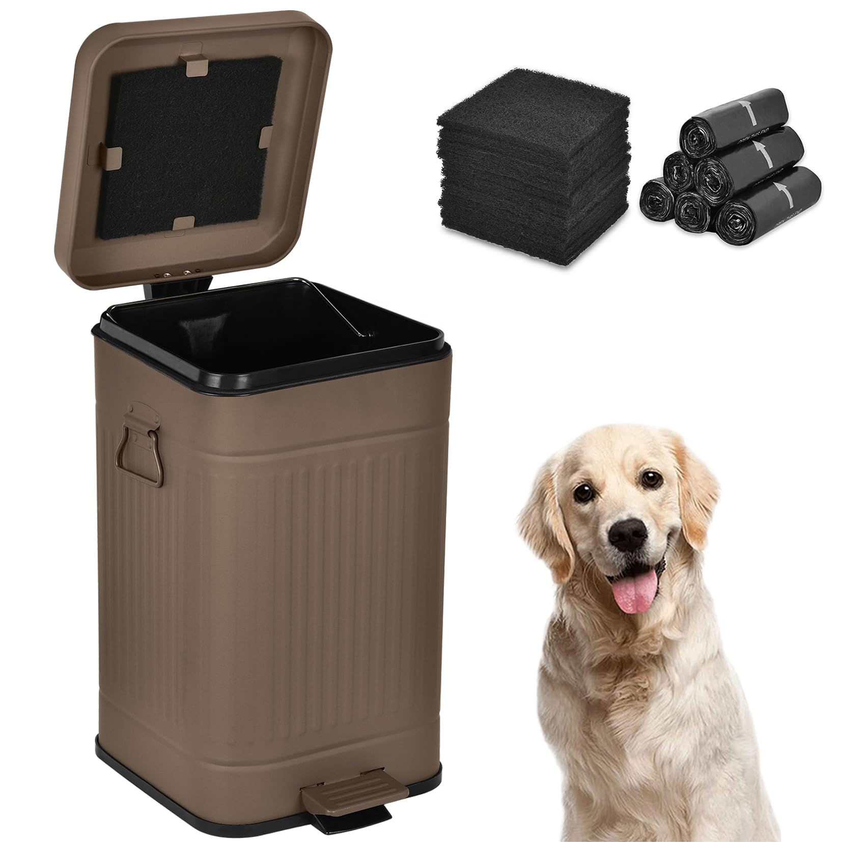 Dog Poop Trash Can with Lid for Outdoors?3.2 Gallon Trash Can with Activated Carbon Filter & Plastic Bags, Pet Waste Container?UP12L-Brown-F+90BK ( Slightly USED)