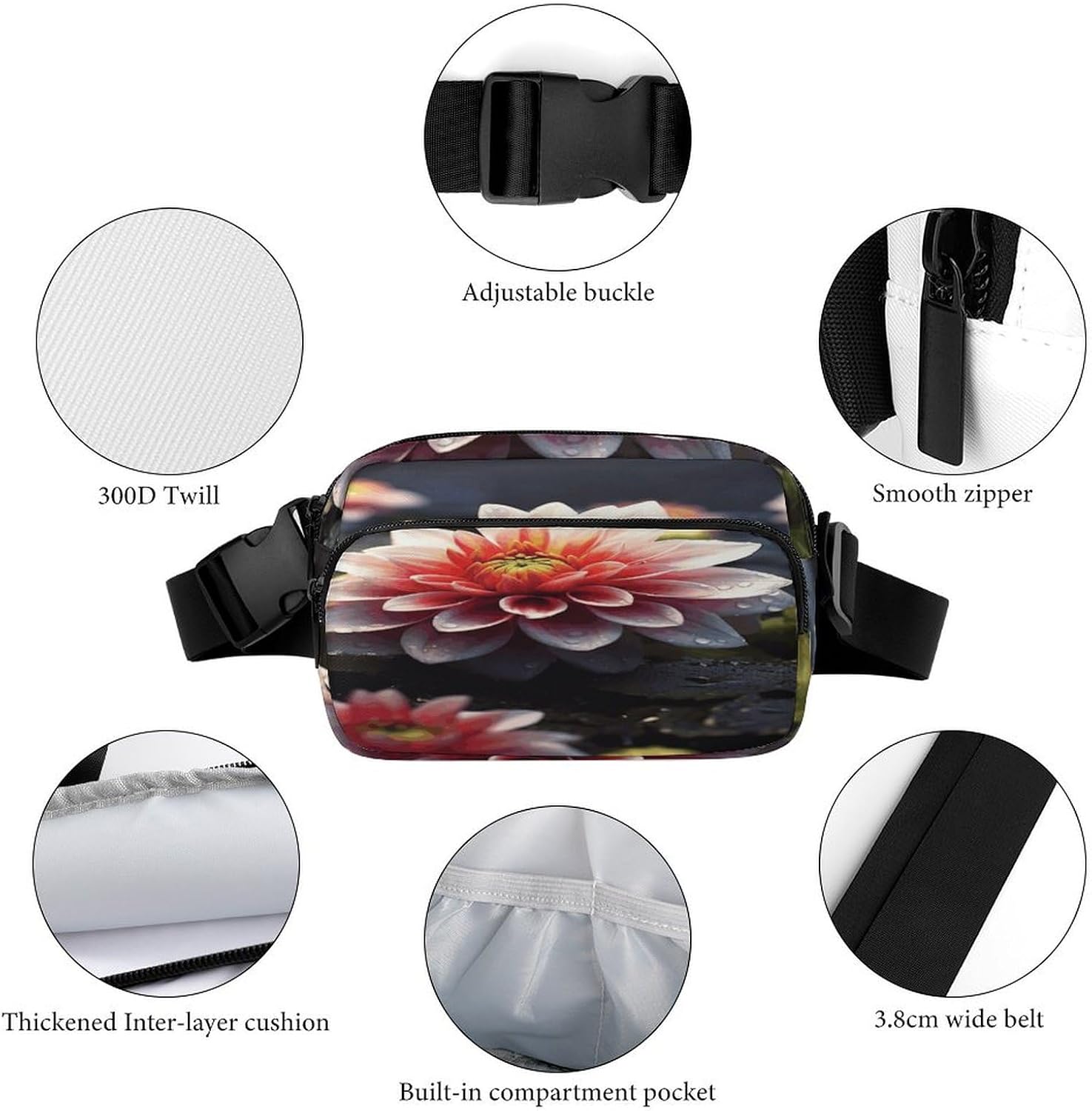 Flower Fanny Pack Belt Bag with Adjustable Strap Fashion Waist Bag for Outdoor Sports Hiking
