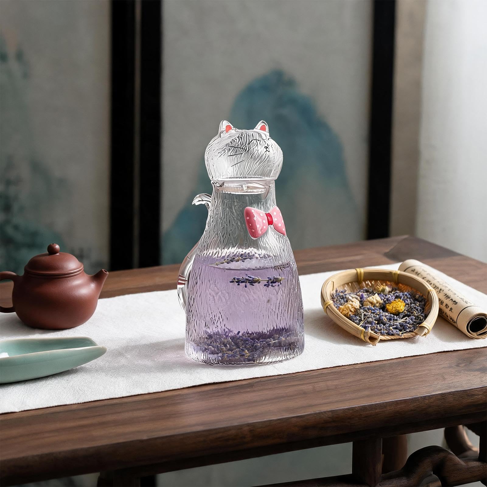 Glaskrug für Tee 1800 ml Süßer Katzenwasserspender mit Henkel | -Kanne für Kaffee Milch Saft Getränke Esstisch Arbeitsplatte Wohnzimmer Küche Büro Party