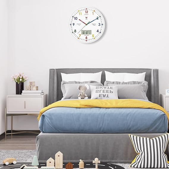 Foxtop Kids Learning Wall Clock Silent Analogue 12 Inch Teaching Clock for Classrooms Children's Room Clocks with Time Week Temperture LCD Display