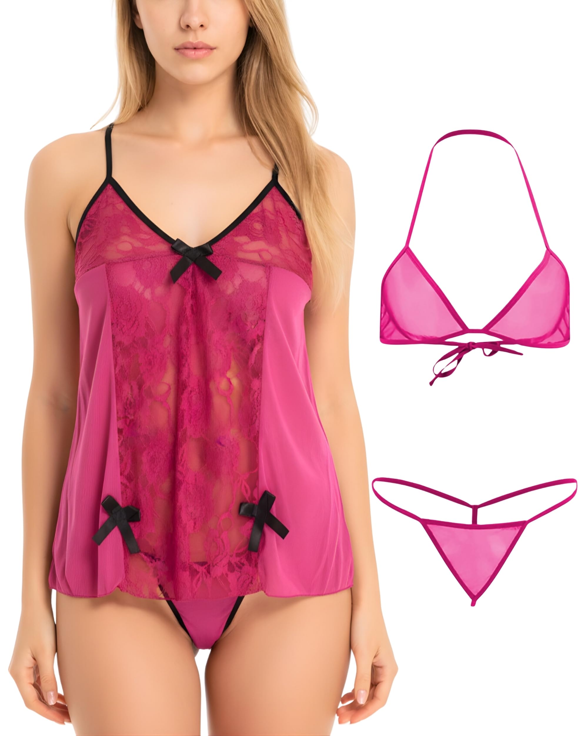 xs and os Women Babydoll Lingerie Combo Rose Floral Net Babydoll with Panty and Net Bikini Bra Panty Set-picture-38