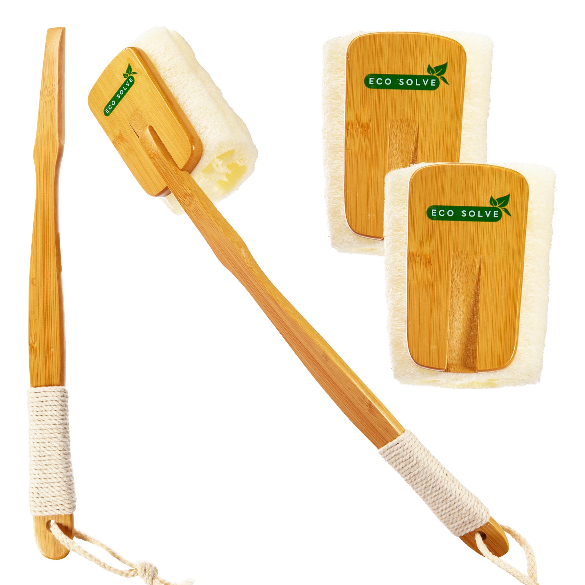 Estropajo de ducha de lufa natural con mango de bambú extraíble, exfoliación suave, mango ergonómico largo con agarre de cuerda de cáñamo, esponja extra incluida para lavado cercano, sin