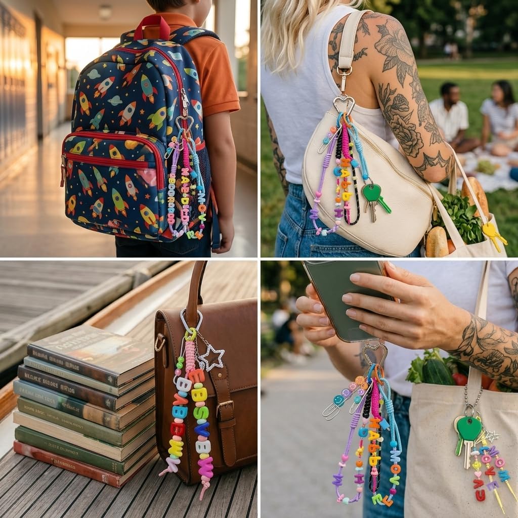 WYSYZJJ Chunky Acrylic Letter Beads Keychain Making Kit, Large Alphabet Beads Charms Set with Star Heart Beads, DIY Personalized Backpack Purse Accessories Bag Charms Making Kit for Women Adults