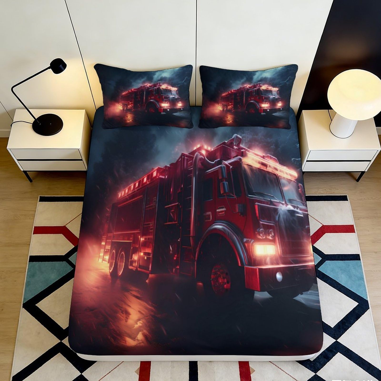3D Printed Fire Truck Fitted Sheet Microfiber Deep Pocket Non-Slip for Bedroom Bedding, Fire Engine Mattress Fitted Cover 90x200x25cm