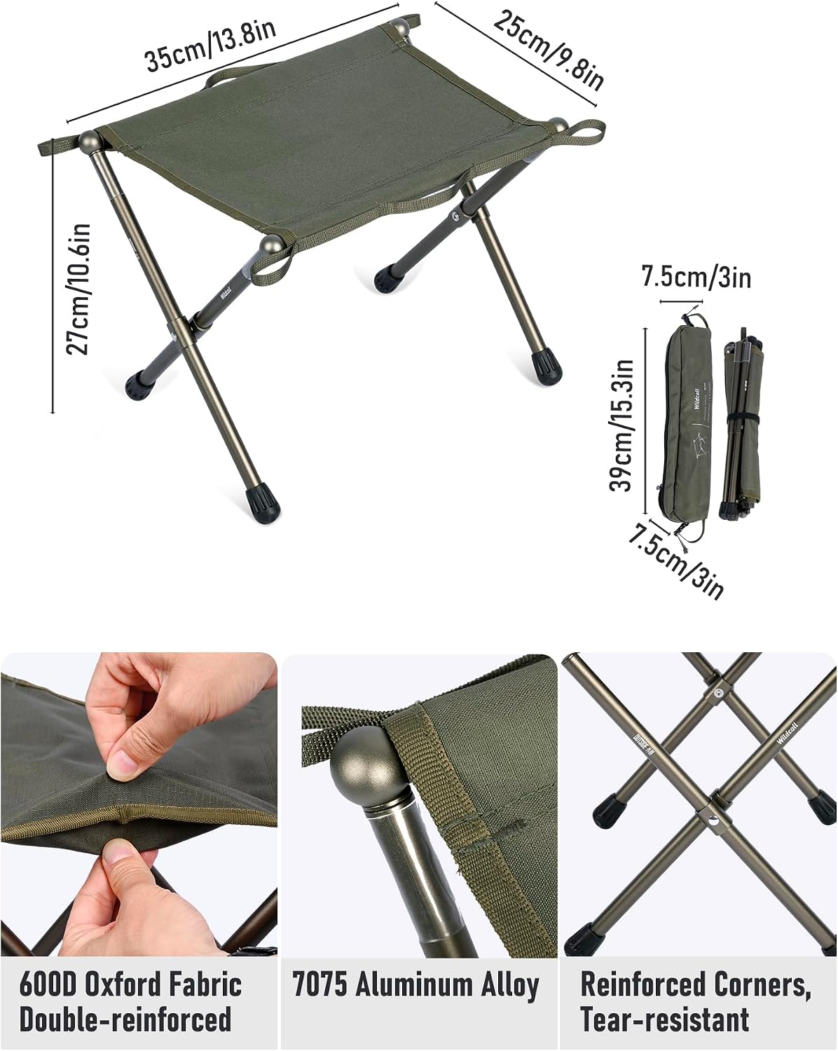 WildCall Ultralight Folding Camping Stool, 1.26lb Aluminum Alloy Folding Small Chair Compact Foldable Stool Camp Stool for Fishing, Outdoor, Lawn Travel (1, Green)