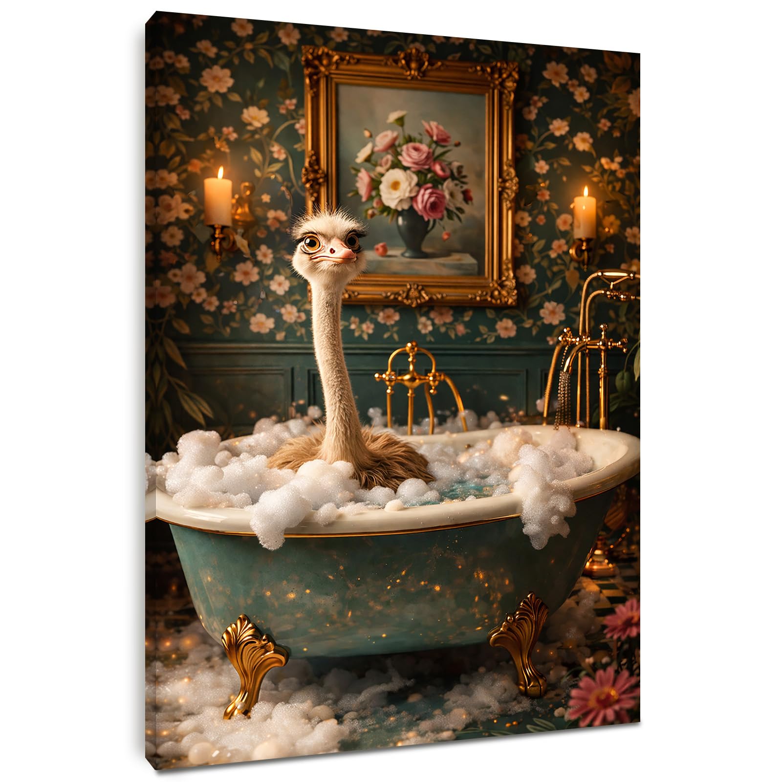 Alptiny Funny Ostrich Bathroom Wall Art 30x40cm (12x16 inch), Vintage Framed Bathroom Canvas Print, Waterproof HD Bathroom Wall Decor with Pine Wood Frame, Easy Hang No Drilling
