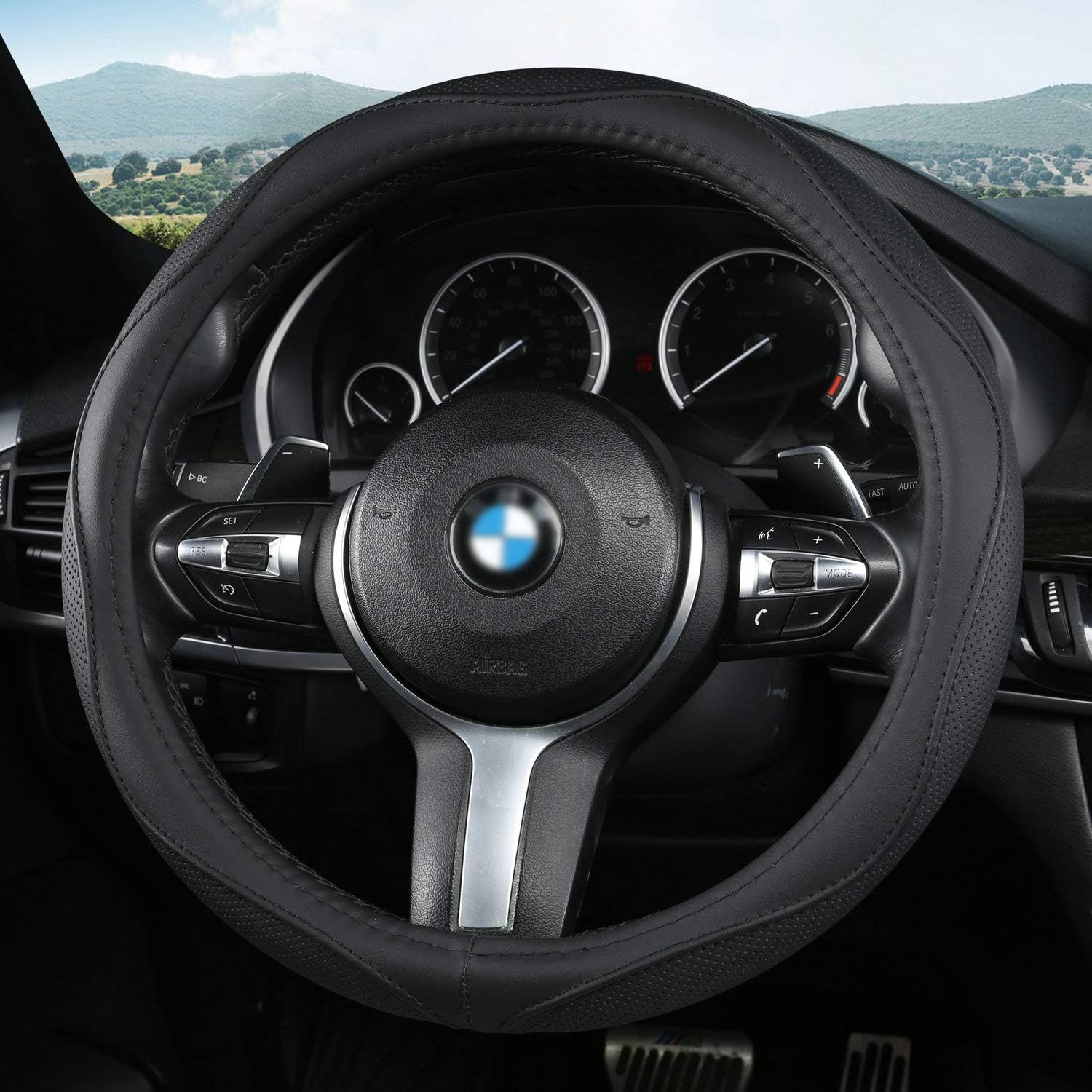 Aierxuan Microfiber Leather Steering Wheel Covers. Universal Fit All 15 Inch Car Wheel Protector Such as HRV CRV Accord Corolla Prius Rav4 Tacoma Camry (Black)