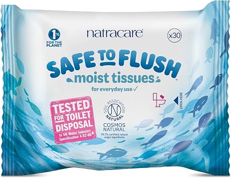 Natracare Safe to Flush Moist Tissues, Made of 100% paper and an Organic and Natural formula with Aloe Vera and Witch Hazel 1 Pack, 30 wipes total
