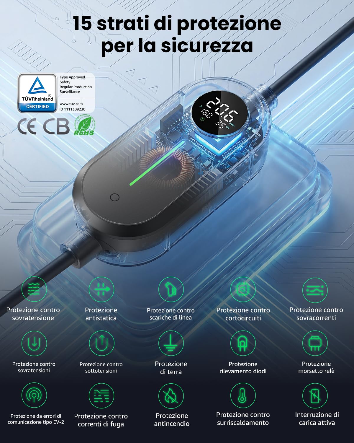 GONEO Tipo 2 Cavo di ricarica Schuko 3,68 kW, regolabile a 6A-16A, 8 ore di ritardo, grado di protezione IP66, cavo di ricarica 8 m, tipo 2, con custodia