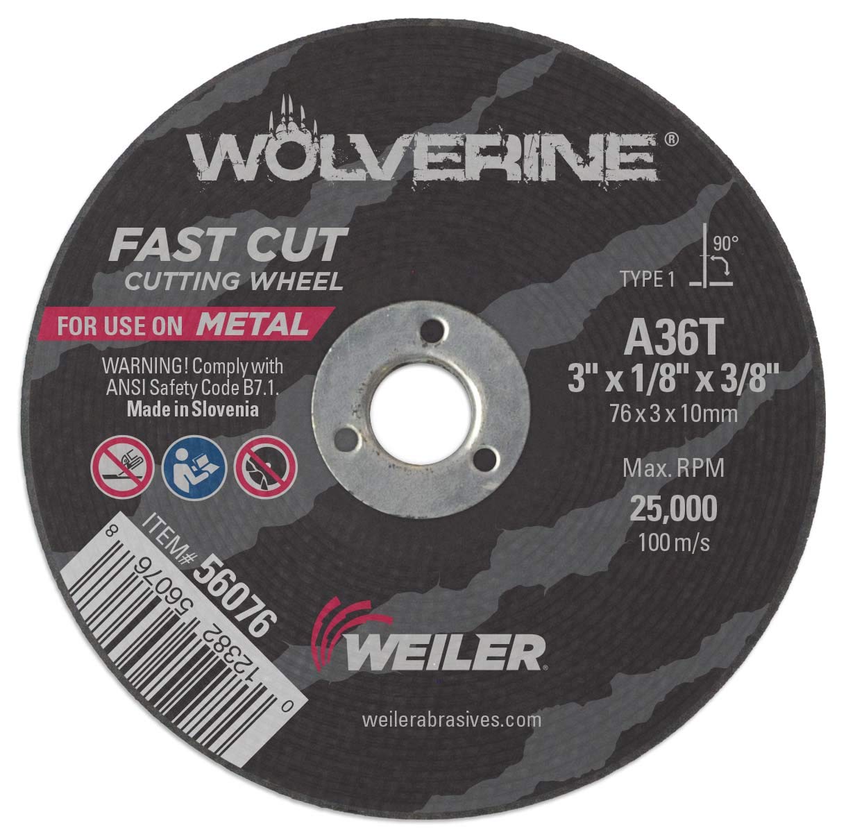 Weiler 56076 3-Inch Cutting Wheel, Wolverine AO Steel/Metal Fast Cut, Value Cutting, 1/8" A36T Type 1 3/8" Arbor (Pack of 100)