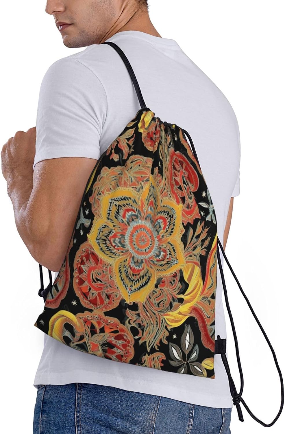 African Textile Patchwork Print Foldable Drawstring Backpack, Gym Bag For Workout,Travel, Yoga & Daily Use, Black, M, Travel Backpacks