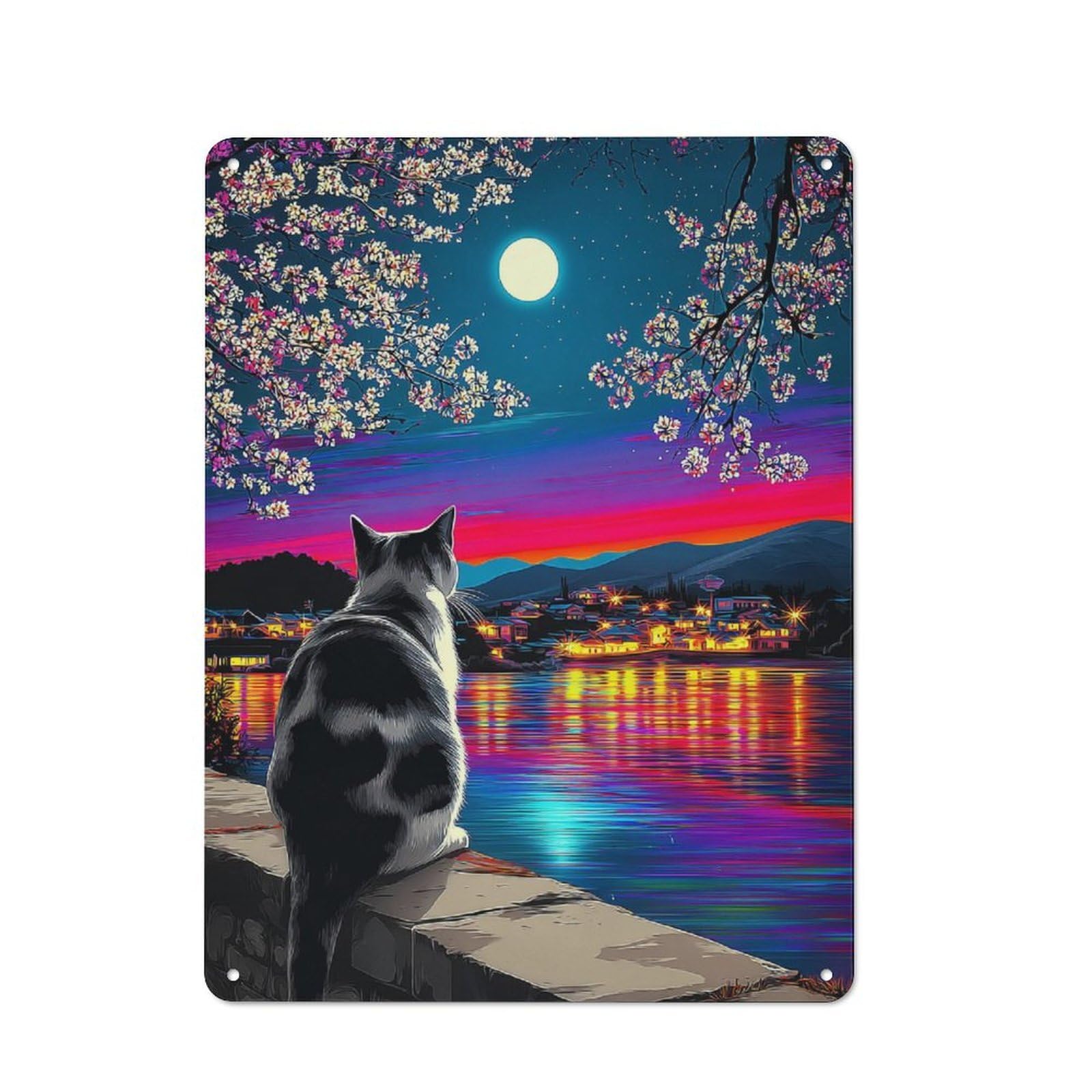 Junmoney Cherry Blossom Moonlit Reflections Understated Decorative Metal Sign 40X30cm Featuring Study Room Decor For Workspace, Cafe, Shop Or Desk Area