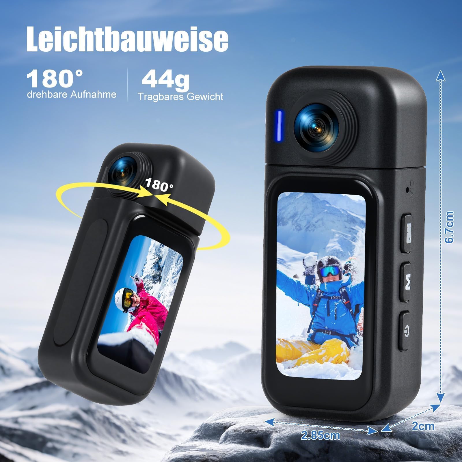 Action Cam Mit Touchscreen, 8-Stunden-Akku, Mini POV Bodycam, Wasserdicht 30M, 120° Weitwinkel, WLAN + 64 GB Karte & 10+ Zubehör für Radfahren, Reisen, Haustiere und Sport