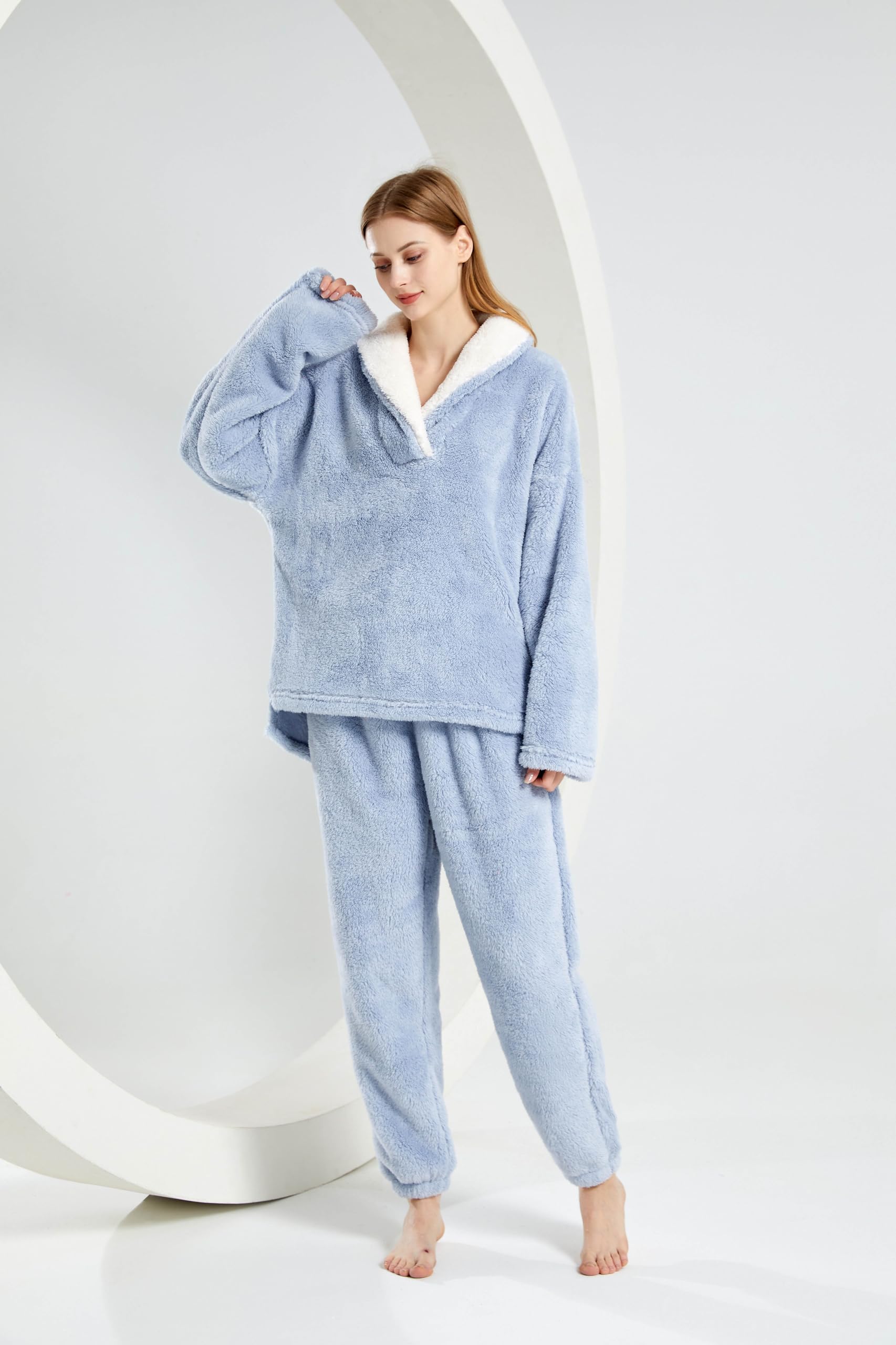 Famulily Conjunto de pijama de forro polar para mujer, cuello de chal, mullido, suave, acogedor, parte inferior esponjosa, ropa de dormir para invierno