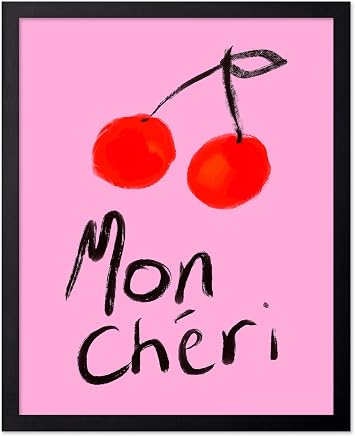 Monem Art Cherry Illustration Print - Mon Cheri Typography Poster - Wall Decor for Kitchen, Dining Room or Bedroom - 8x10 Unframed Wall Art by Talitha Mcqueen