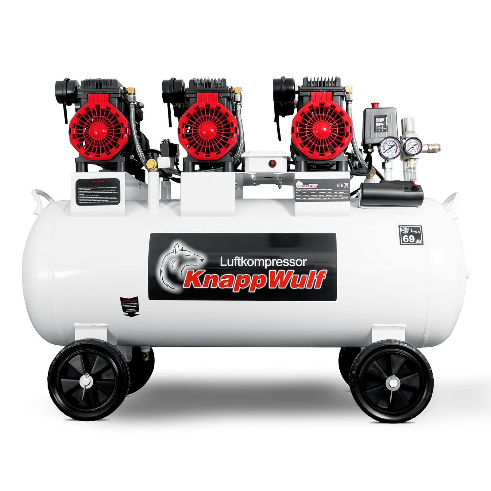 KnappWulf Compresor silencioso Compresor Compresor de aire KW4100 con caldera de 100L, 3300W, 10 bar, 660L/min, sin aceite, incluye separador de agua, reductor de presión, grifo de drenaje de