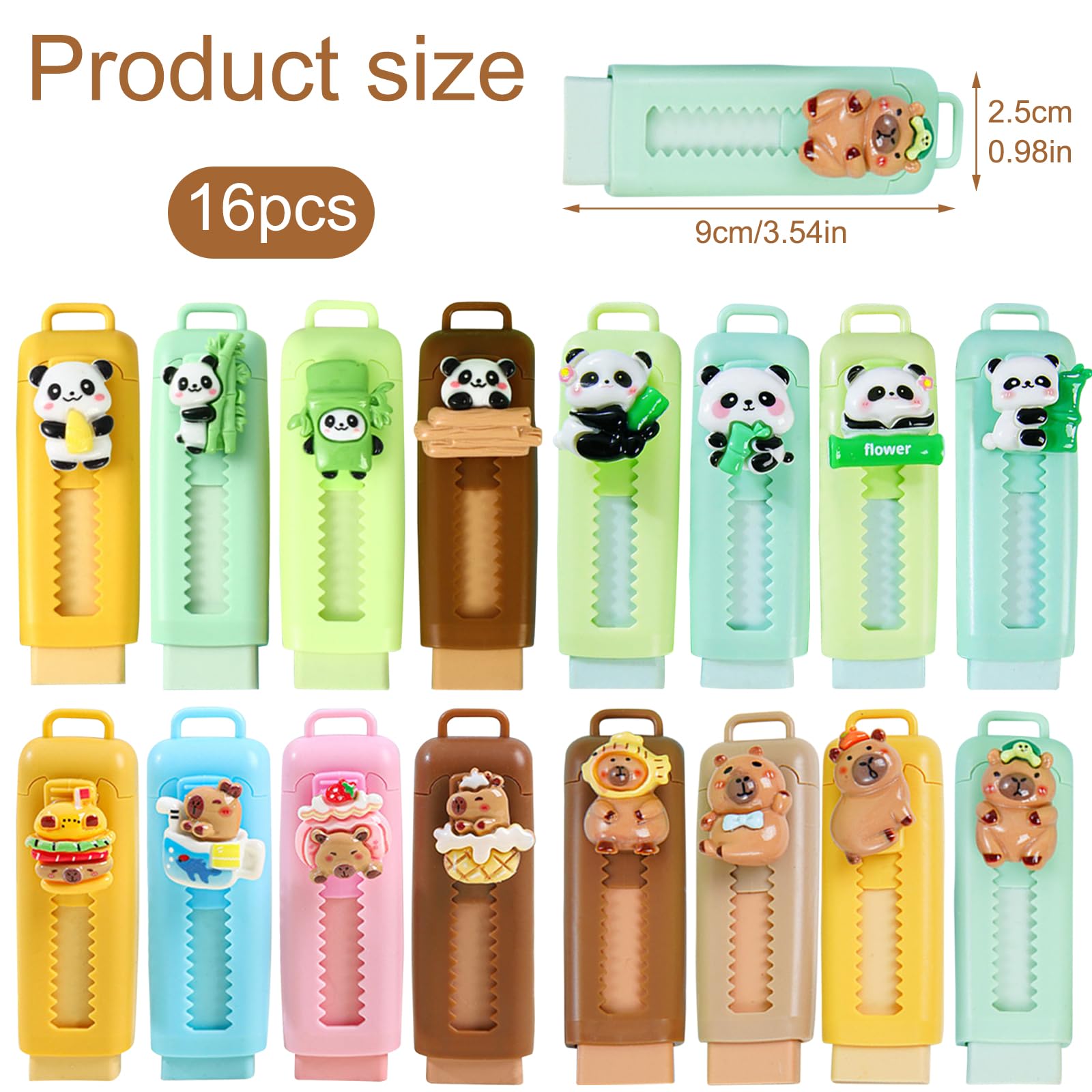 Kawaii Gomme da Cancellare Retrattili Bambini 16 Pezzi, Gomma Capybara & Panda, Regalini Festa Compleanno Scuola 4-10 Anni
