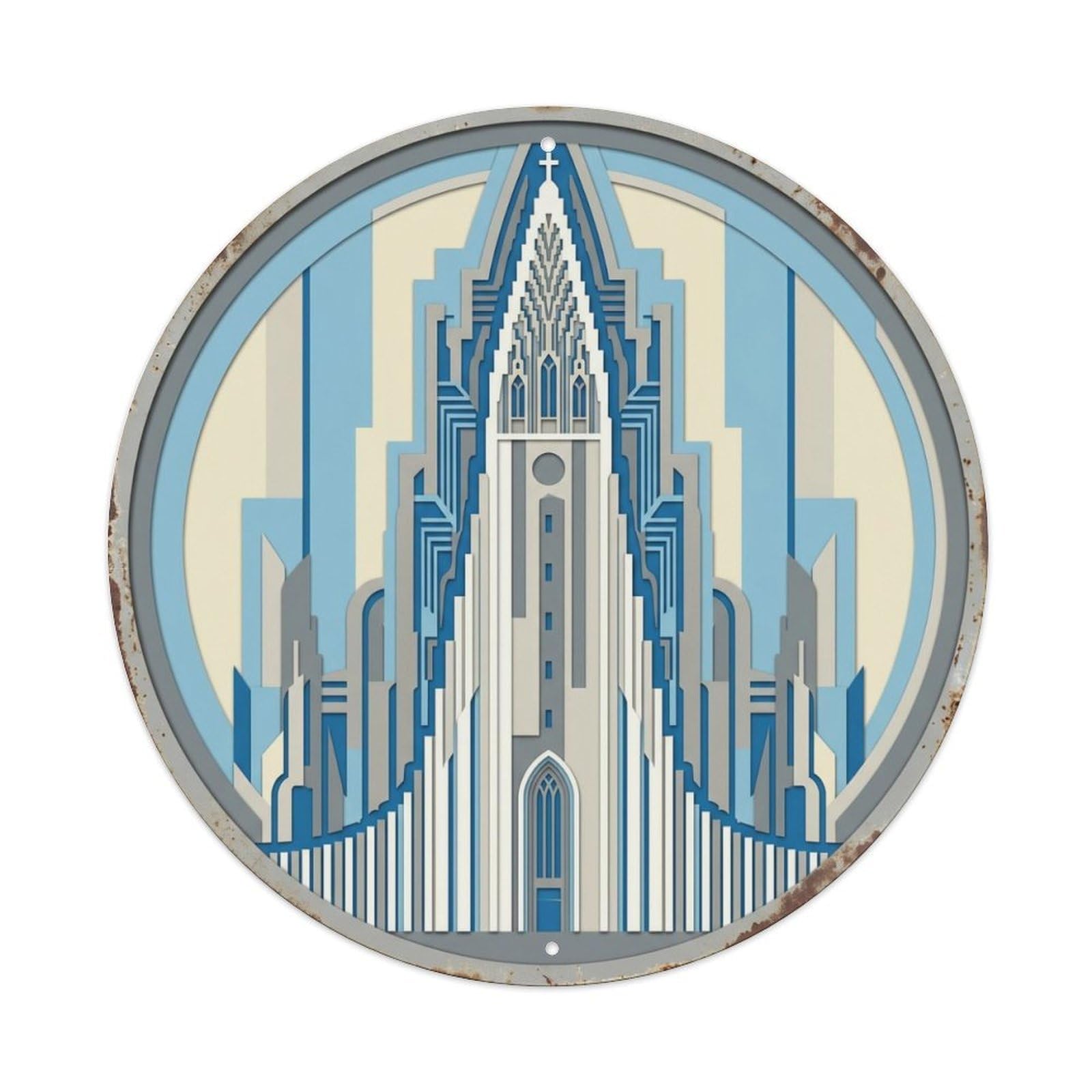Reykjavik Layered Church Travel Metal Tin Sign Plaque Wall Decor for Cafe, Club Bar, Office, Home Garden Round Metal Poster 8x8Inch