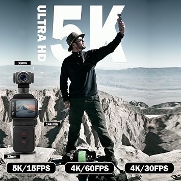 ydi 5K Vlogging Camera with Touch Screen, Pocket Action Cam Wi-Fi Body POV Camera with Electronic 270° Rotating Lens, Face Tracking, Remote Control, External MIC, 64GB Card