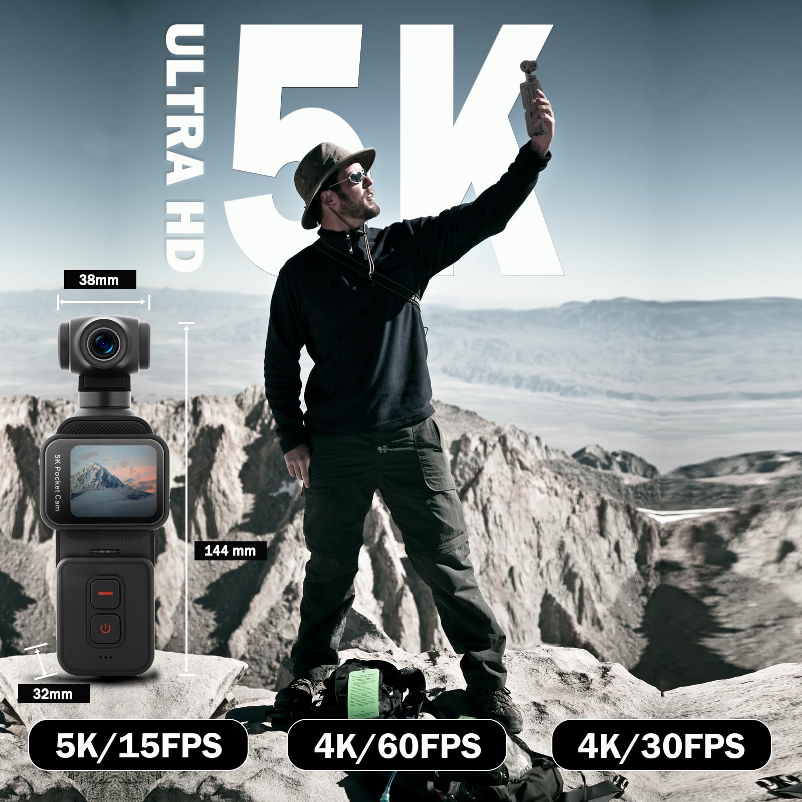 YDI Caméra Vlog 5K avec Écran Tactile, Caméra Corporelle Sport Wi-FI POV Cam avec Objectif Électrique Pivotant à 270°, Suivi du Visage, Télécommande, Microphone Externe, 64 Go