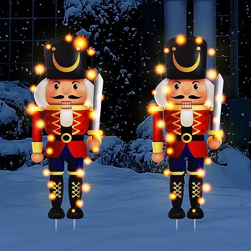 Paquete de 2 luces LED de 37 pulgadas, decoración de cascanueces de Navidad, decoración de cascanueces al aire libre, letrero de jardín con estacas,