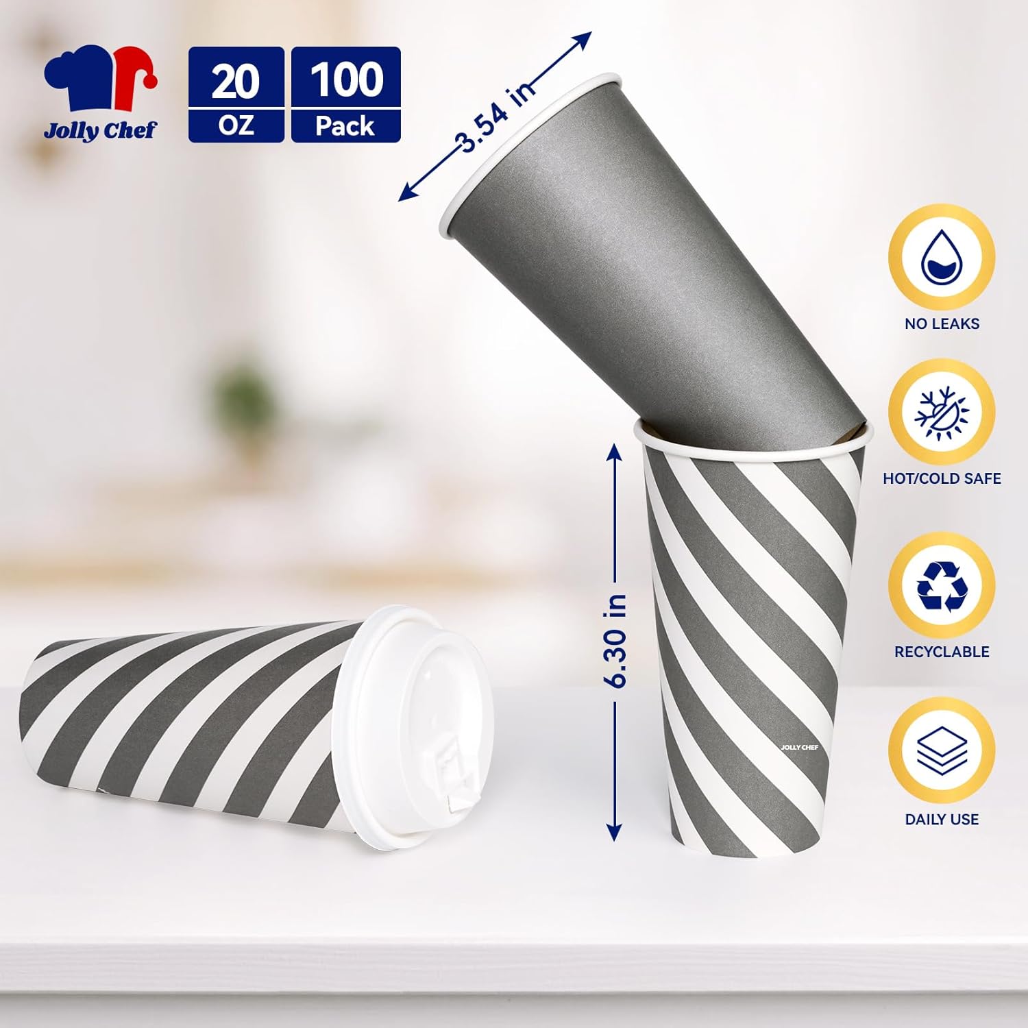 JOLLY CHEF 100 Pack 20 oz Disposable Coffee Cup with Lids, Printed Hot Paper Coffee Cups for Home, Business, Restaurant (Stripes and Grey) - Image 2